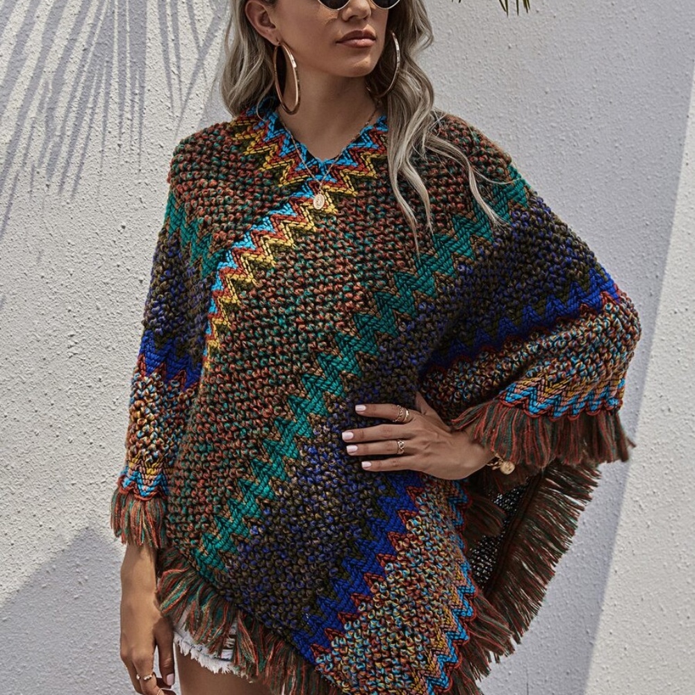 Fringe Hem multi color Sweater Poncho - TAN - Picture 10 of 12
